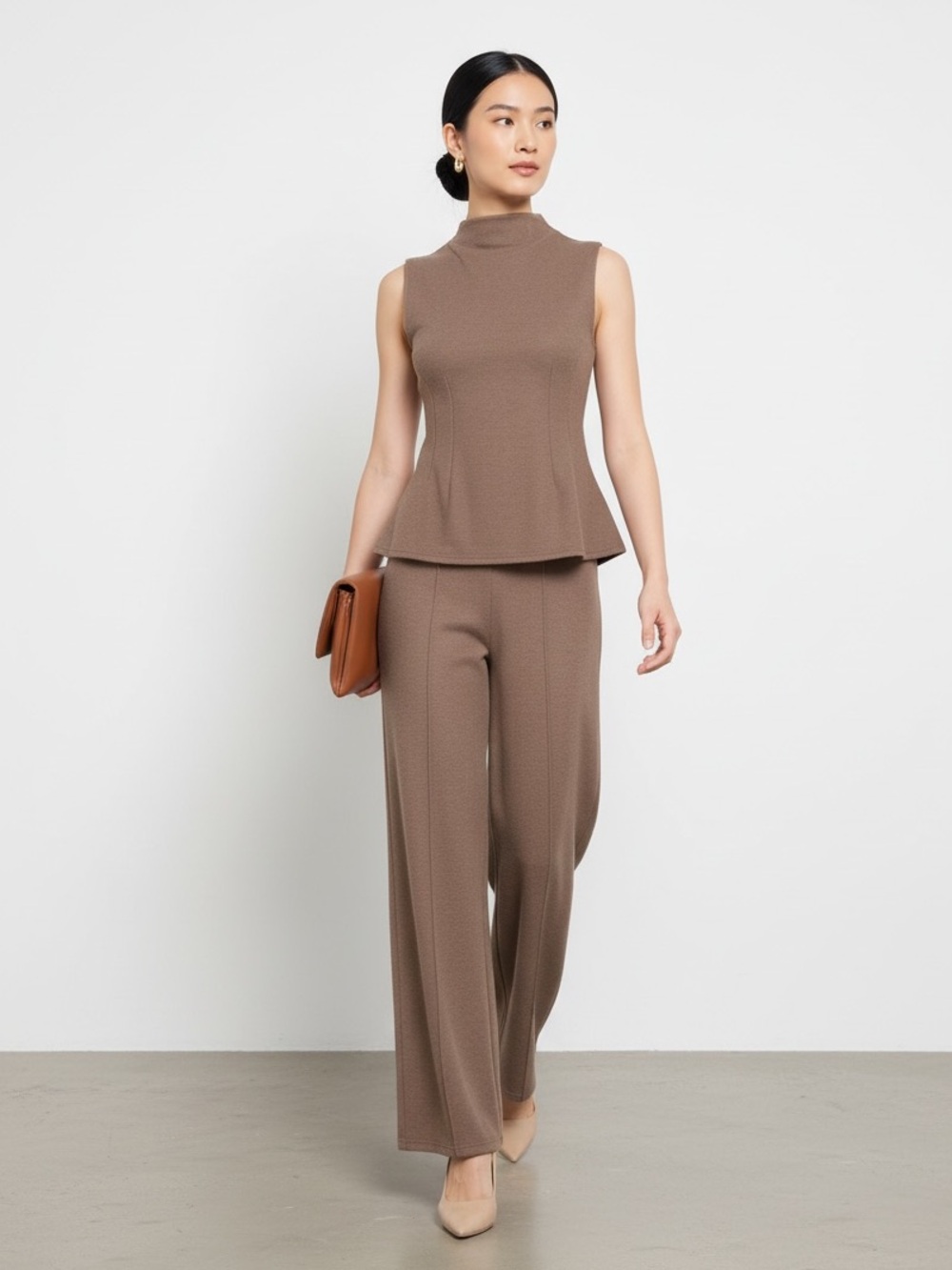 1615 • Mocha Soft Brushed Sleeveless Contour Darted Peplum Pant Set